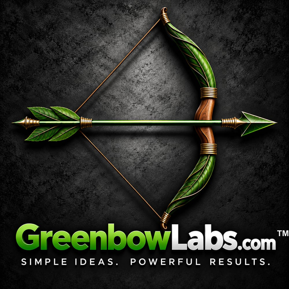 Greenbow Labs logo: a green leaf bow and arrow above GreenbowLabs.com and the tagline Simple ideas. Powerful results.