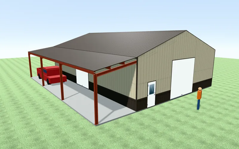 A metal building with a lean-to carport, drawn in RafterSuite's 3D designer.