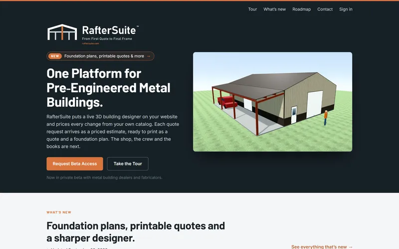 The RafterSuite homepage: the headline One platform for pre-engineered metal buildings beside a 3D model of a metal building with a lean-to.